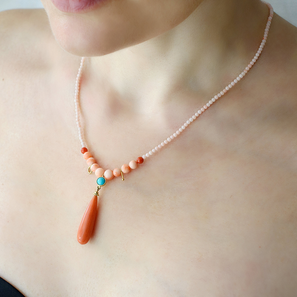 Necklace with rose corals and turquoise LS