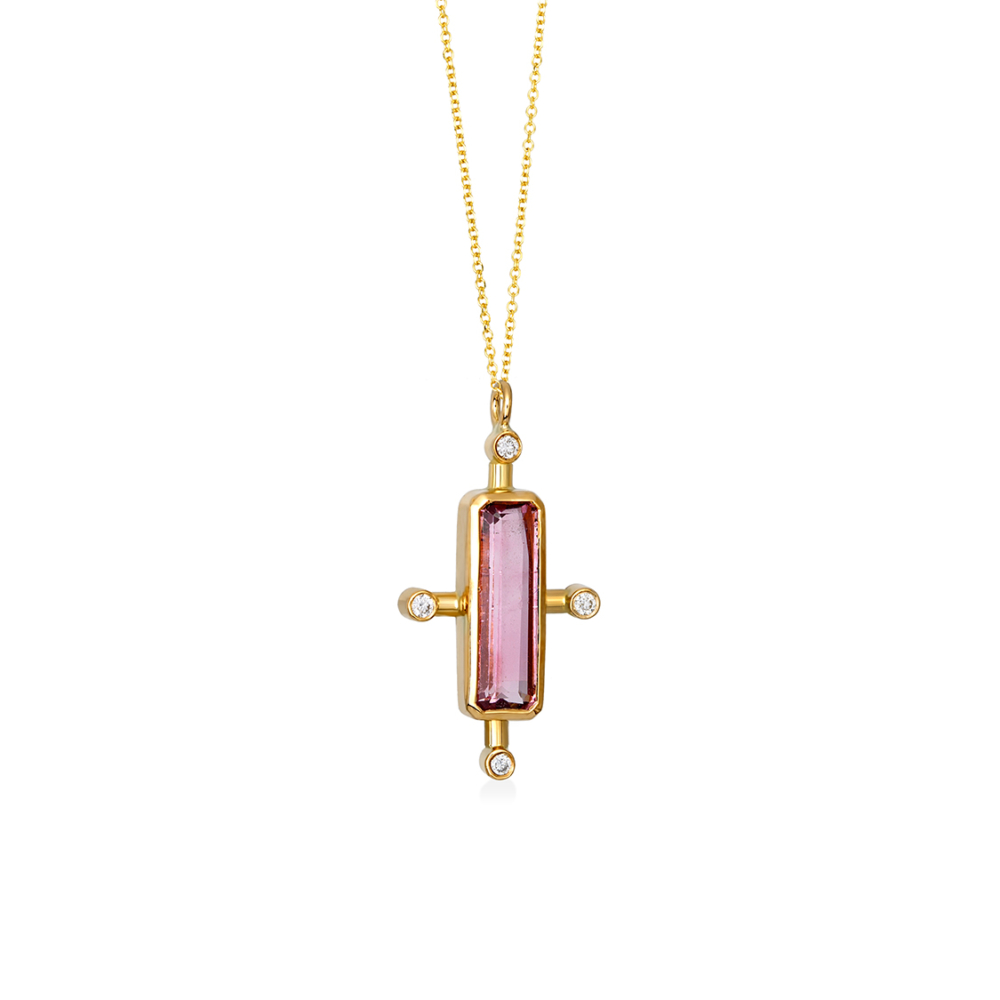 18kt gold Cross with diamonds and tourmaline