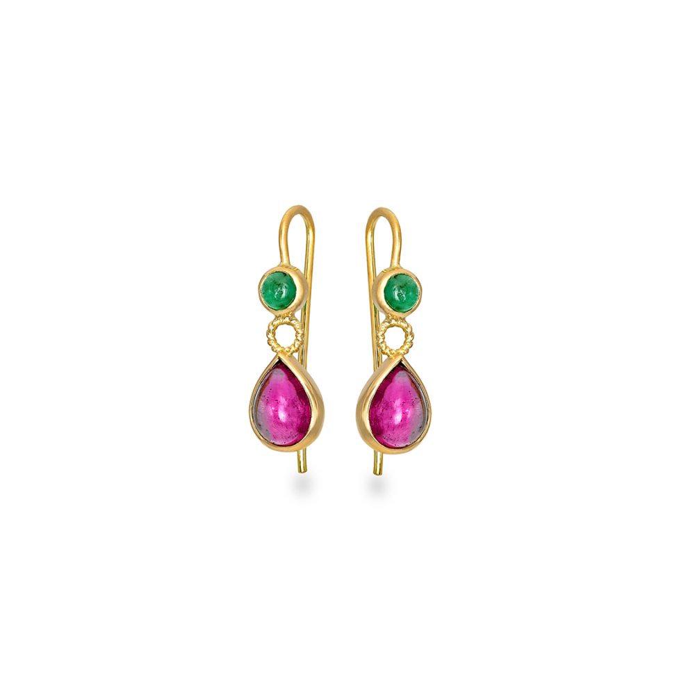 Earring hooks with pink tourmaline and emeralds