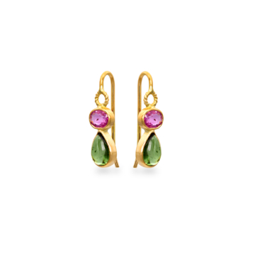 Earring hooks with pink saphires and  green tourmalines