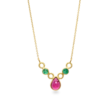 Tiny hoop necklace with pink tourmaline and emeralds